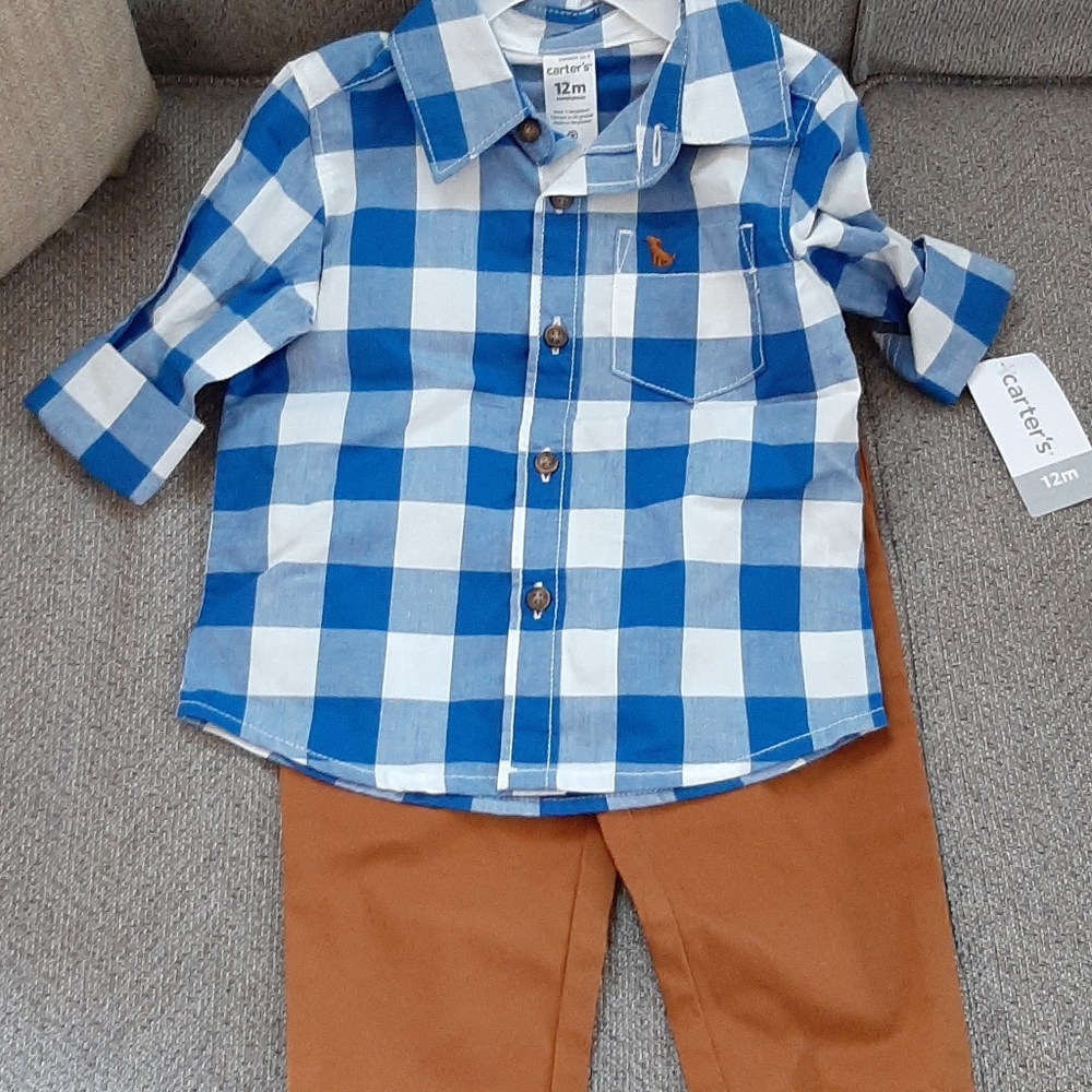 NWT Boy 2 Pc Blue Plaid Shirt & Khaki Pant, 12 Mo.
